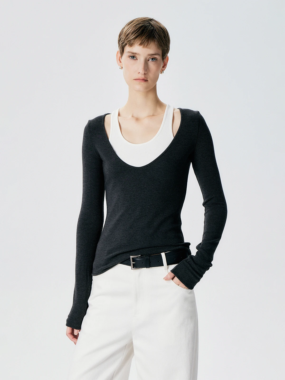 

Thoransaura Soft Knitted Double Layer Color Blo T-irt Base Layer irt Inner Wear Casual Sle Long Sve U Ne Top