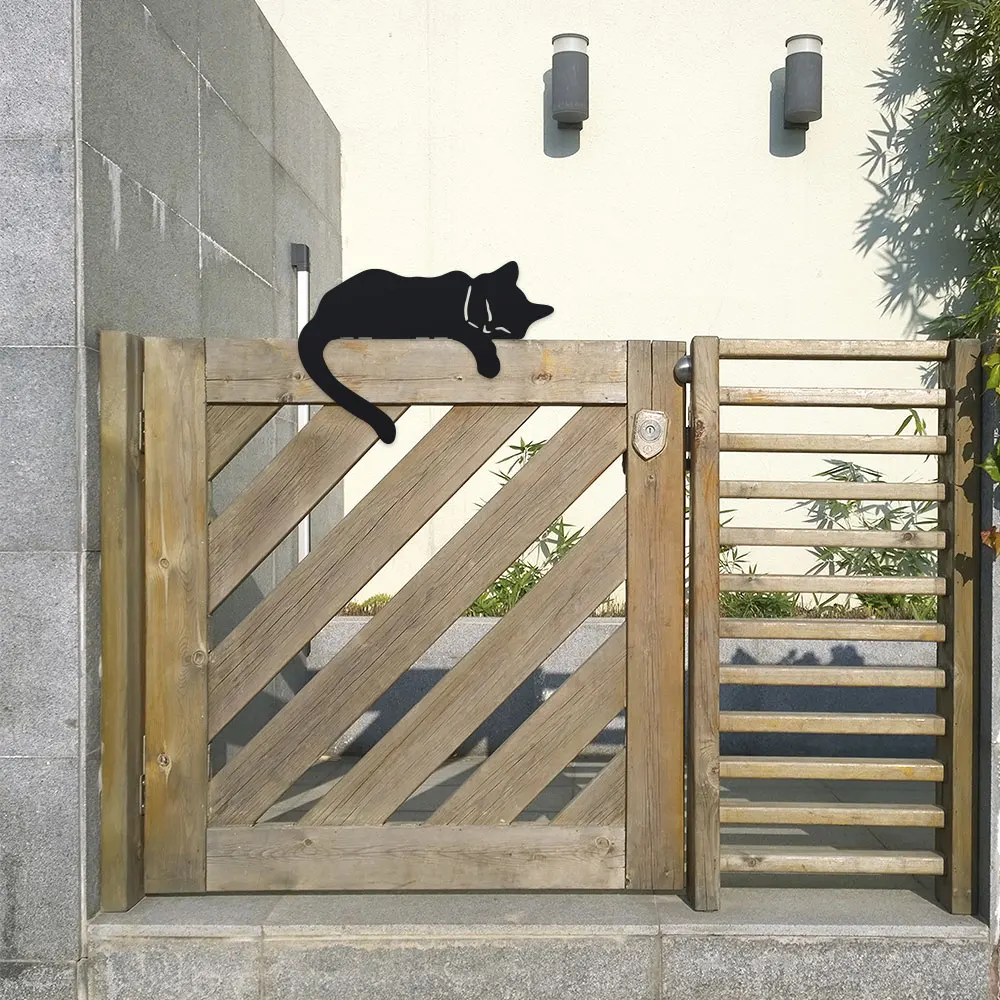 Rustic Black Metal Cat Silhouette Fence Topper - Sleeping Cat Garden Art for Outdoor Decor - Durable Iron Animal Sculpture