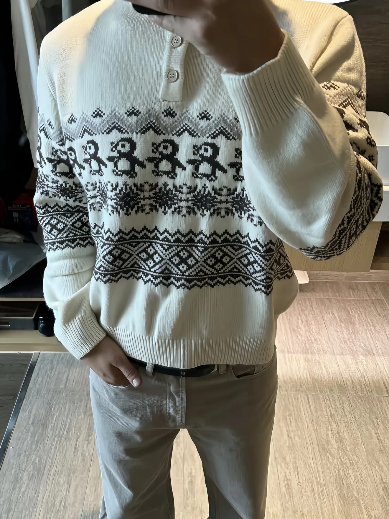 Cisas Penguin Retro Fair Isle محبوك سترة مستديرة للخريف والشتاء متعددة الاستخدامات غير رسمية طويلة Sve نمط هندسي دافئ