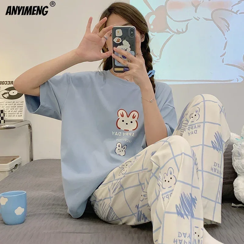 Spring Summer Women Pajamas Soft Cotton Cute Rabbit Print Pijamas Short Sleeved Plaid Pants Sleepwear Fashion Home Wear image 3