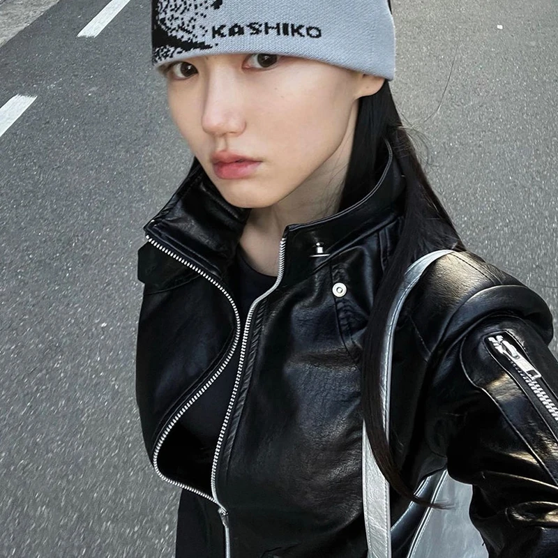 Giacca da donna vintage americana in pelle PU colletto alla coreana da motociclista capispalla a maniche lunghe Harajuku Y2K cappotto corto con zip punk sottile