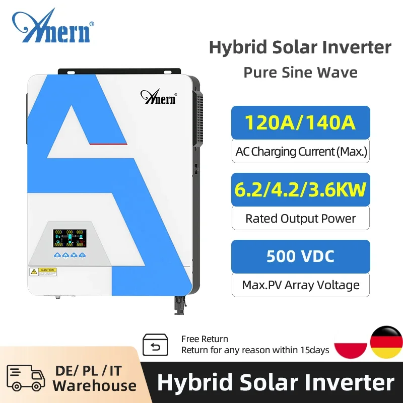 

3.6KW 4.2KW 6.2KW 6200W 3600W Solar Hybrid Inverter Pure Sine Wave 120A MPPT Off-Grid and On-Grid 24VDC 48VDC 220VAC With WIFI