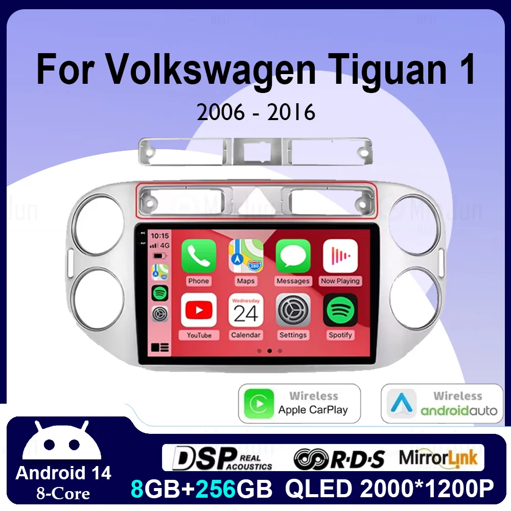 

9-дюймовый экран для VW Volkswagen Tiguan 1 2006-2016 Android 14 Автомобильный радиоприемник Мультимедийный плеер GPS Стерео навигация Carplay BT SWC