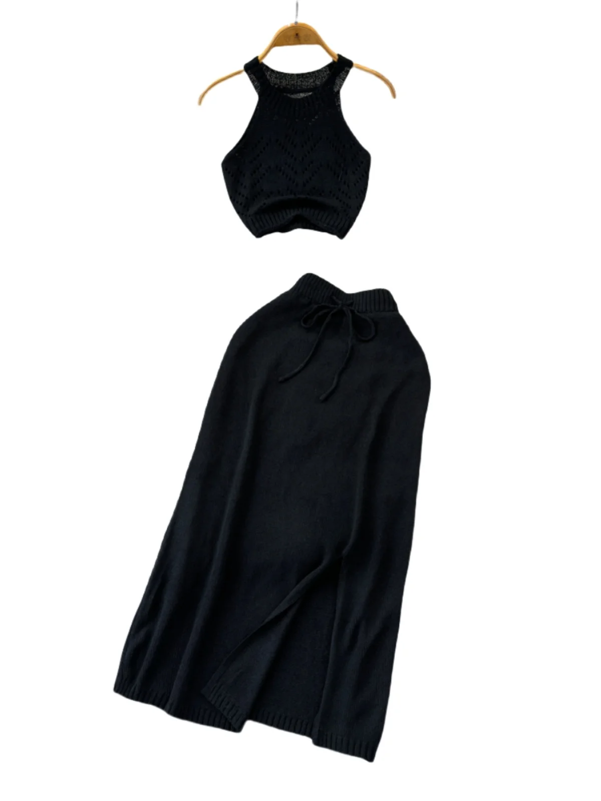 Sexy ort Knitted f-length Split Skirt And Tube Top Two-piece Set for Young Women Trendy Ensemble Hollow out Design
