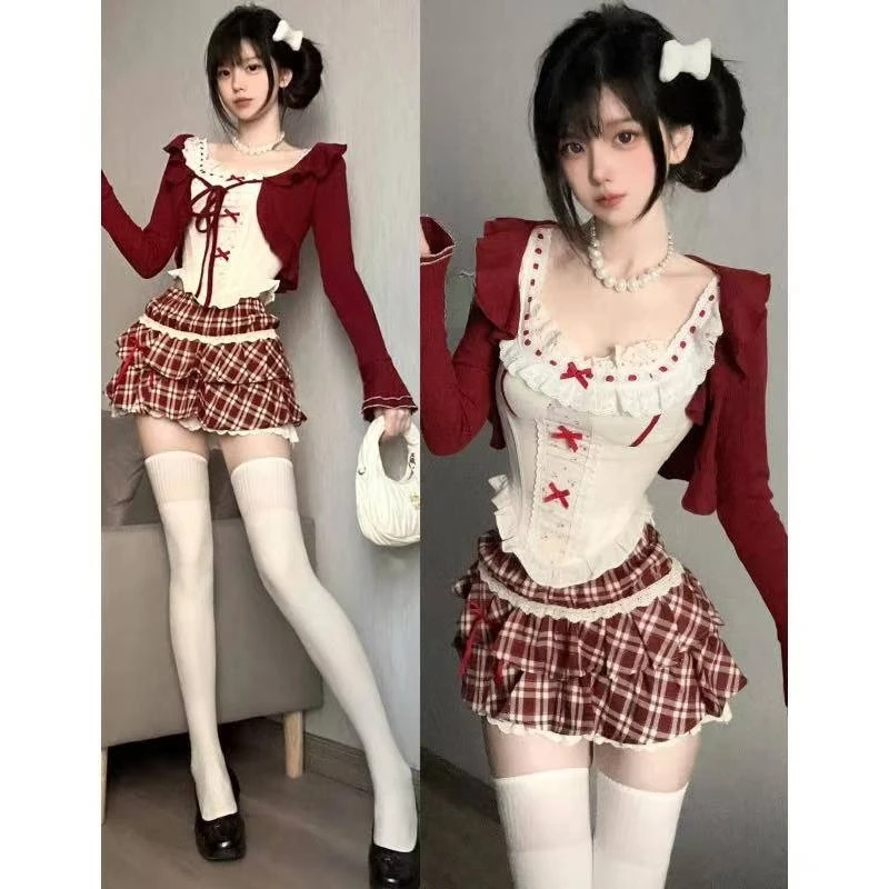 

Kawaii Lolita Style Sweet 3-х предметный комплект женский милый короткий кардиган с бантом жилет с цветочным принтом Y2k клетчатые мини-юбки женский корейский модный костюм