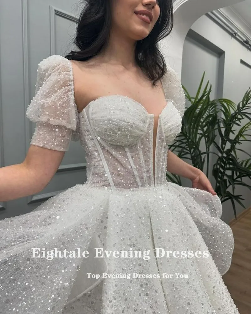 Vestido de noche brillante de Eightale, vestidos de fiesta de lentejuelas blancas de manga corta, vestidos de fiesta de boda cortos personalizados de corte A