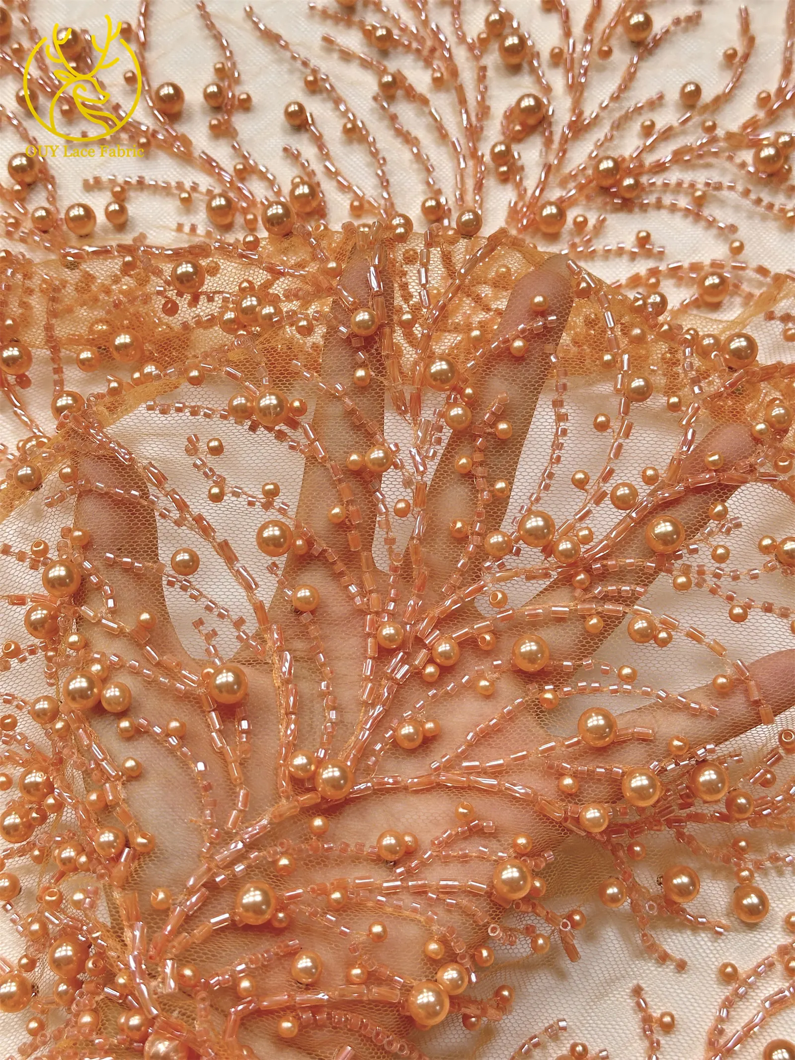オレンジ色のアフリカの新郎用ビーズ付きレース生地2025高品質高級フランスナイジェリアスパンコールレース生地、パーティーウェディング用5ヤード