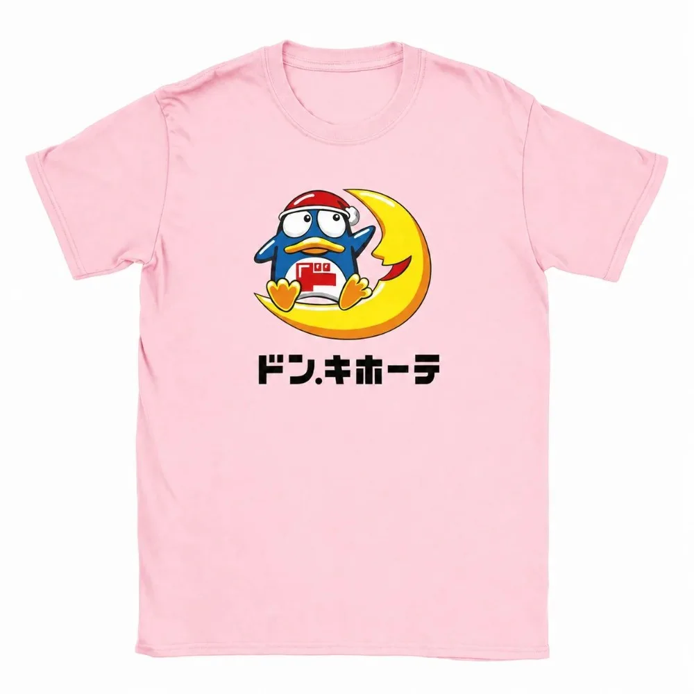 Japanese Cute Donki Penguin on Moon Graphic Printed T‑shirt Harajuku Short Sleeve Round Neck Casual Pure Cotton Tops for Unisex