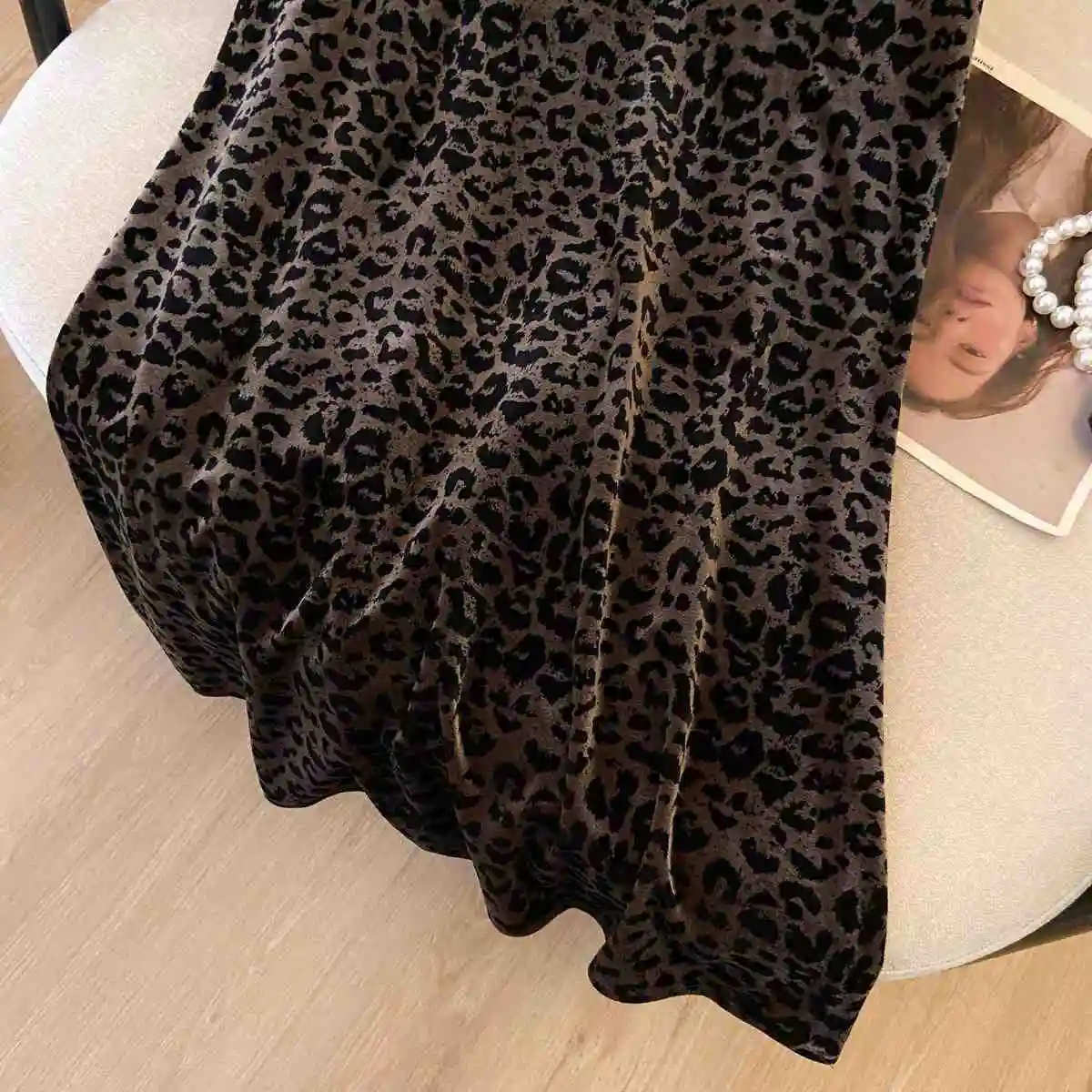 Autumn Women Clothing Vintage Leopard High Waist A-line Skirt Ladies All-match Fashionable Long Dress Femme Temperament Skirts