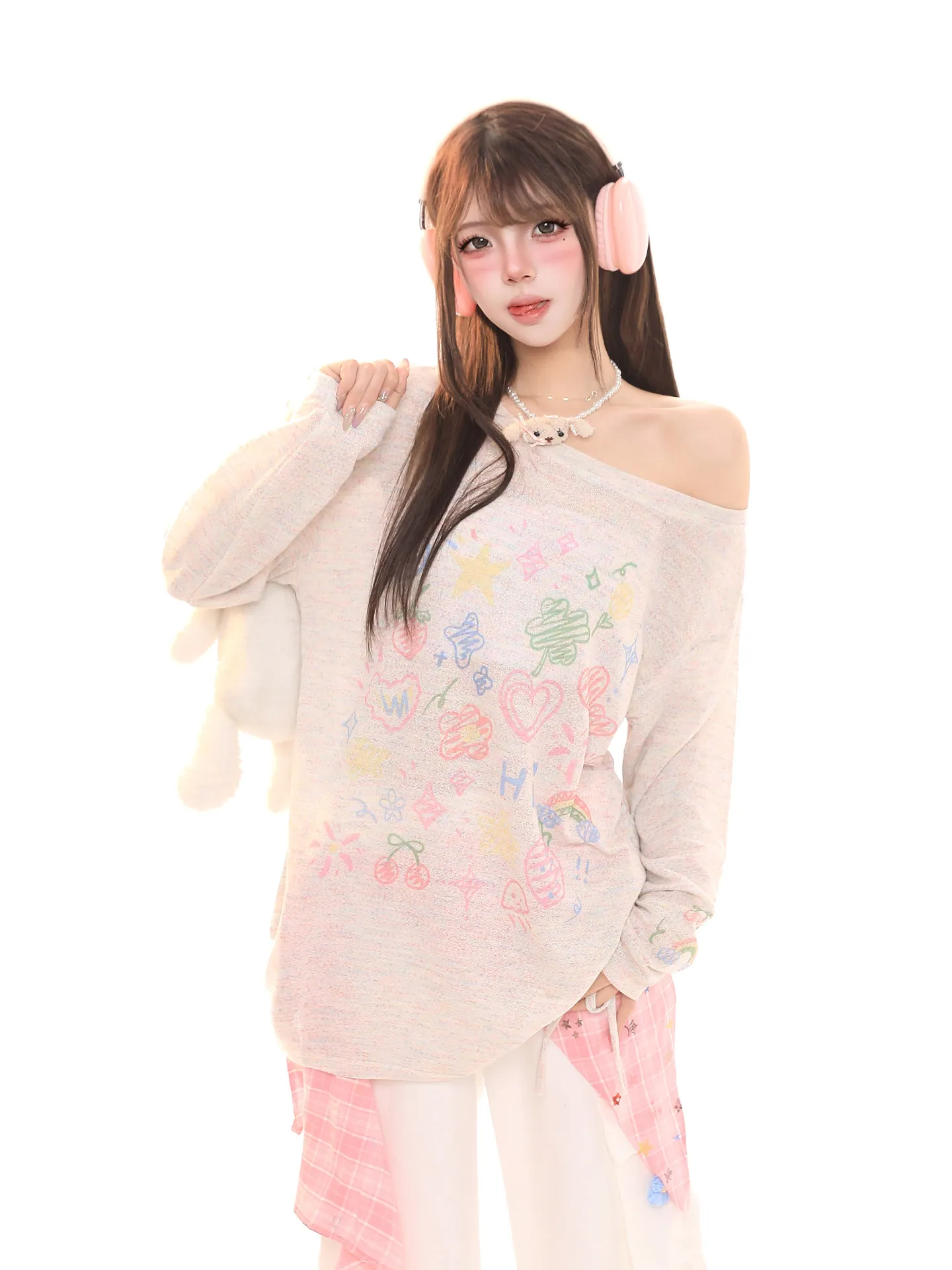 Sweet Girl Cartoon Print Long Sleeve T-Shirt Women's Loose Shoulder Drop Sun Protection Slimming Top Casual Style Spring New