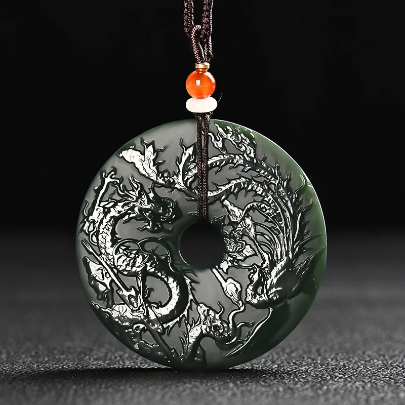 MaiChuang/HandCarved/HeTian CyanJade Dragon Phoenix Ping An Buckle Necklace Pendant Fashion Elegant Jewelry MenWomen Couple Gift