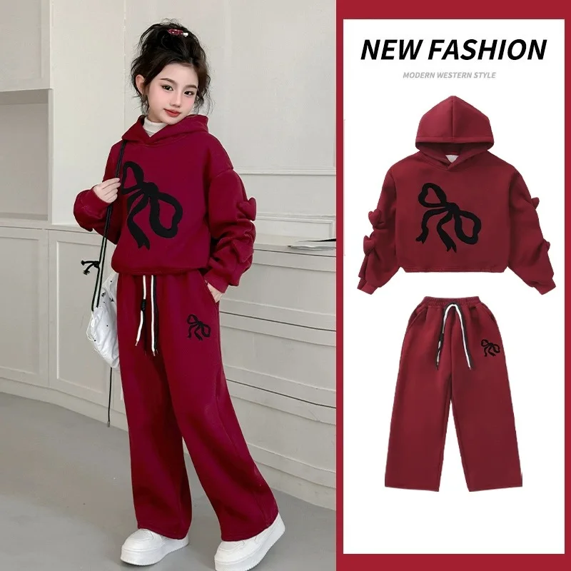 2026 AUTUMN winter Teenager Cloth bow Children velvet Set red hooded sweatshirt + wide leg Pant suit tracksuit 4 8 10 12 14 year