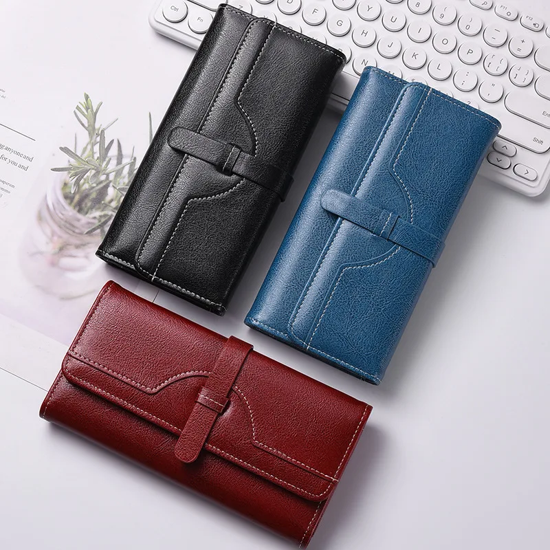 Luxury Oil Wax Leather Women Wallet Ultra Thin Large Capacity Long Clutch Bag Portable Folding Coin Purse Card Holder Daily Use