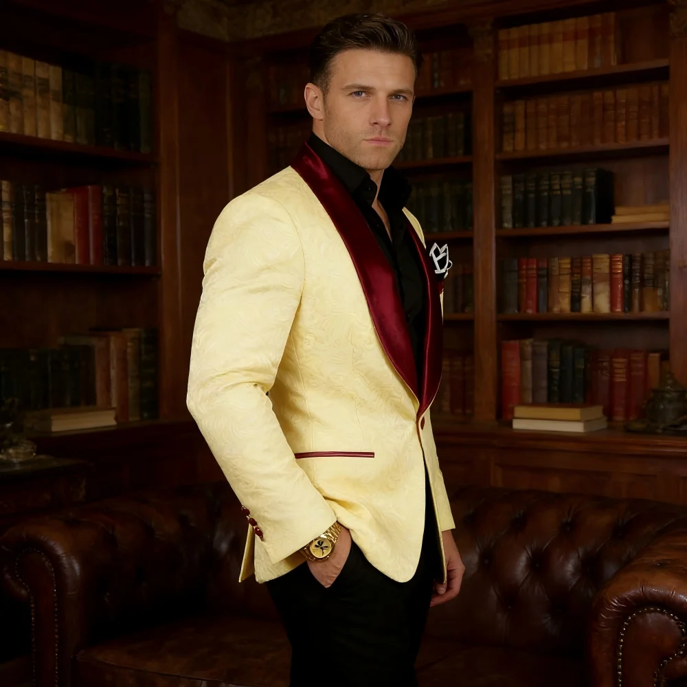 

Men's Single-Button Xale Lapela Jacket Casual Fitted Blazer Unique Jacquard Coat Breasted Style for Fashionable Outfits