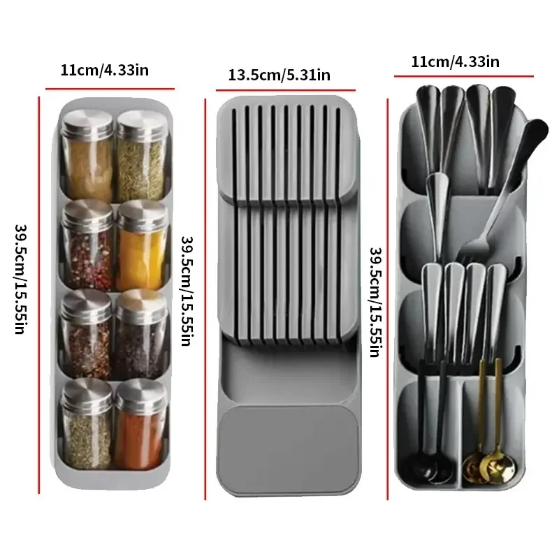 Kitchen Drawer Cutlery Storage Tray Knife Holder Spoon Forks Tableware Organizer Container For Spice Bottles Knives Block Rack