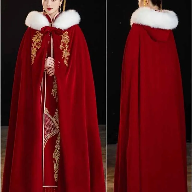 Women`Long Red Velvet Tweed Hooded Cape Poncho 2024 Winter Warm Cloak Christmas Embroidery Hanfu Cloak New Year Costume Cape