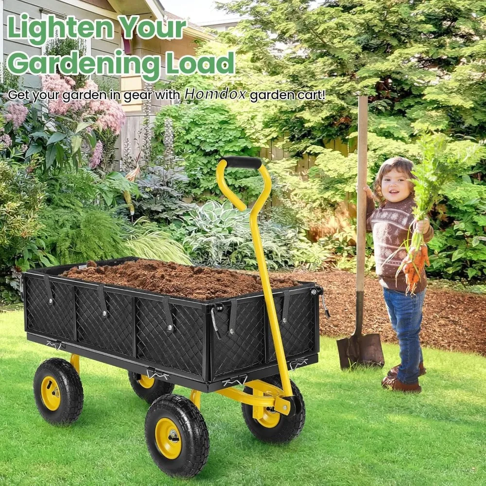 Homdox MAX 880 Lbs Garden Cart, Heavy Duty Foldable Mesh Steel Garden Wagon with 180° Rotating Handle and 10 Inch Tires, Pullabl