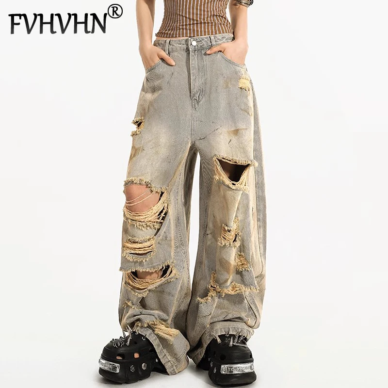 

FVHVHN Fashion Retro Hole Design Straight Jeans For Women High Waisted Loose Wide Leg Denim Pants Female Trendy New Items 1A139