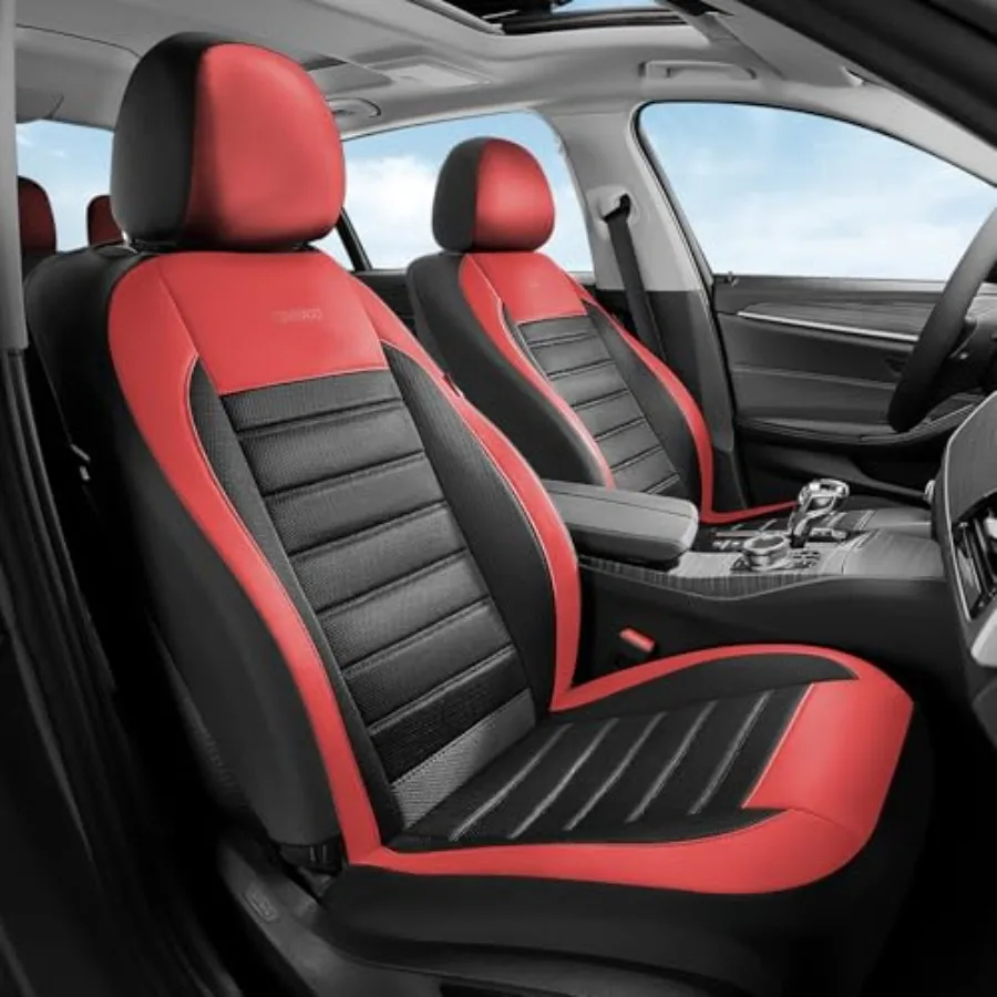 

Front Seats Luxury Leather Car Seat Covers 2 Pack Automotive Mesh Airbag-Compatible Black Red Seat Covers for SUV Sedan Truck