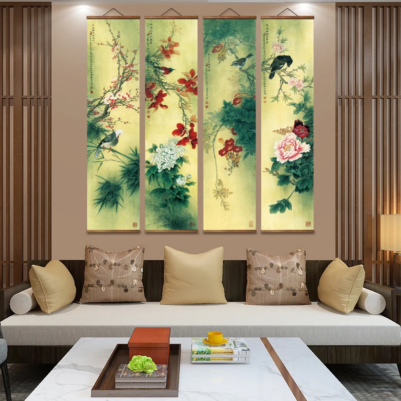 

Пион в китайском стиле MT5008, красный цветок сливы, декоративные настенные художественные плакаты на холсте, картины с прокруткой из массива дерева