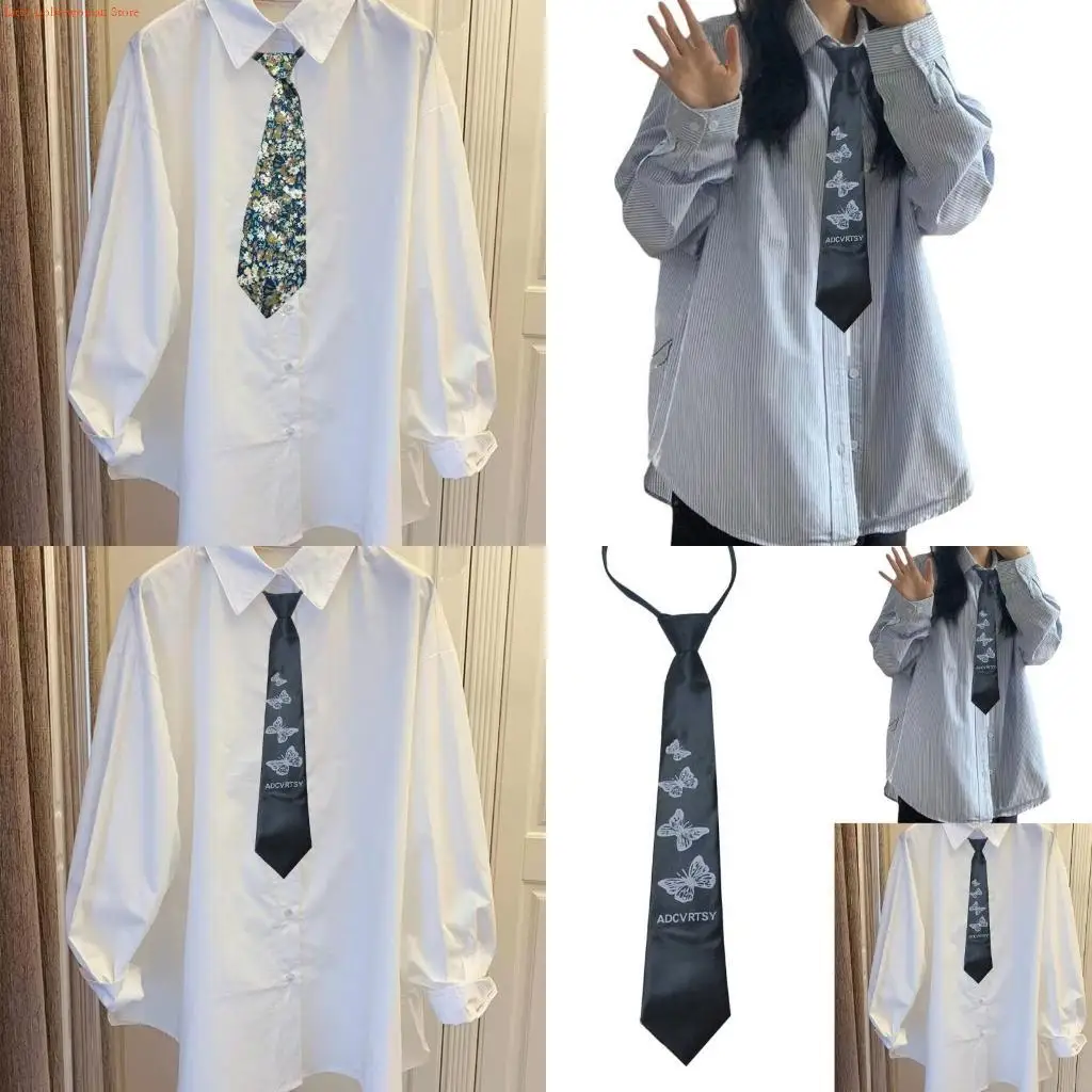

F92D Japanese Punk Butterfly Floral Tie for Women Men Zippers Pre Tied Necktie