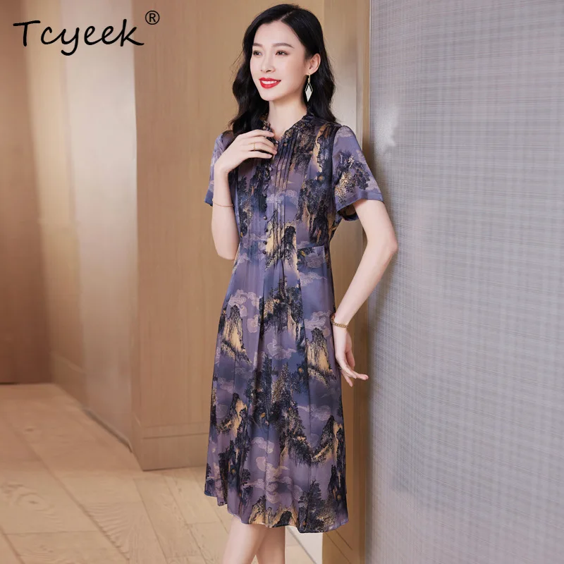 

Tcyeek 19 мм, 89,2% шелковое платье шелковицы, женское платье с воротником-стойкой и коротким рукавом, тонкие ретро-раскраски тушью, элегантные платья трапециевидной формы D41104QD
