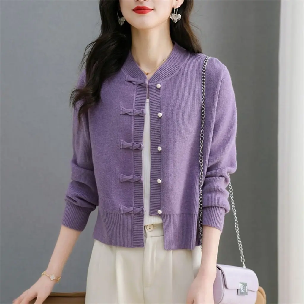 Cardigan lavorato a maglia tinta unita da donna maglione corto leggero con fibbia stile nazionale abbigliamento esterno autunnale nuovo arrivo