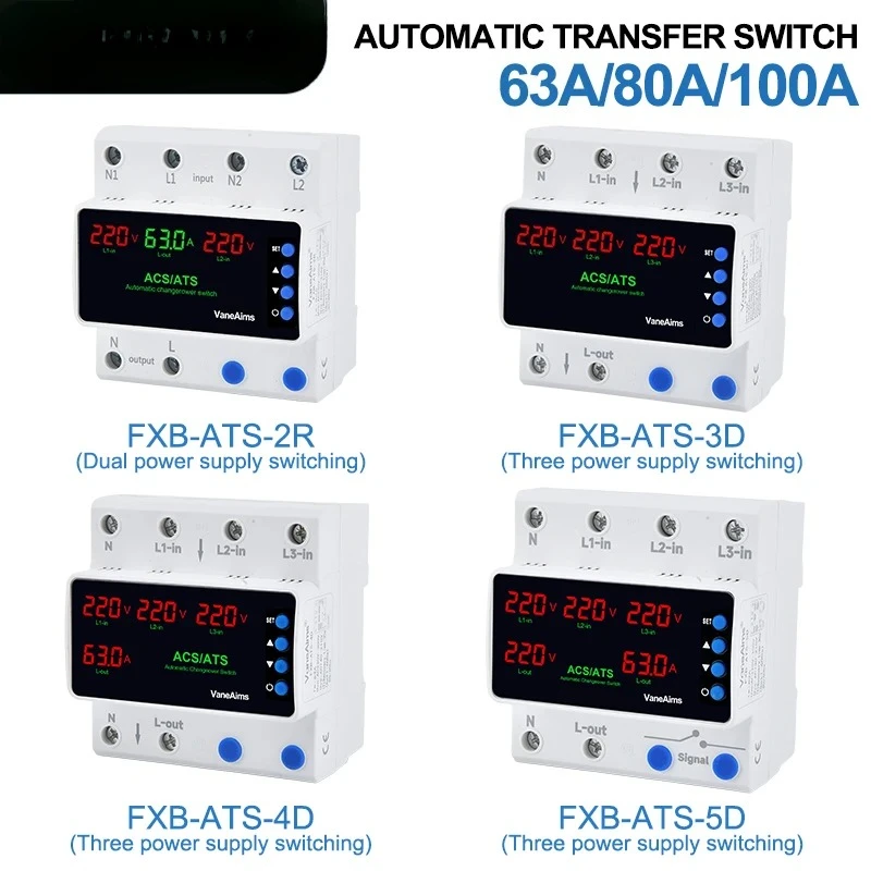 220V Dual Power ATS Automatic Transfer Switch 63A 100A Over Under Voltage Protector Three Power PV Solar Phase Selector