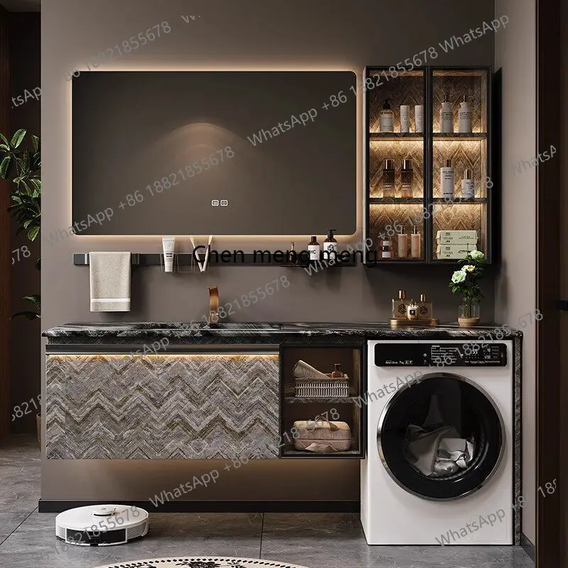 

Modern minimalist oak lacquered rock slab seamless basin luxury stone countertop bathroom washing machine integrated cabinet