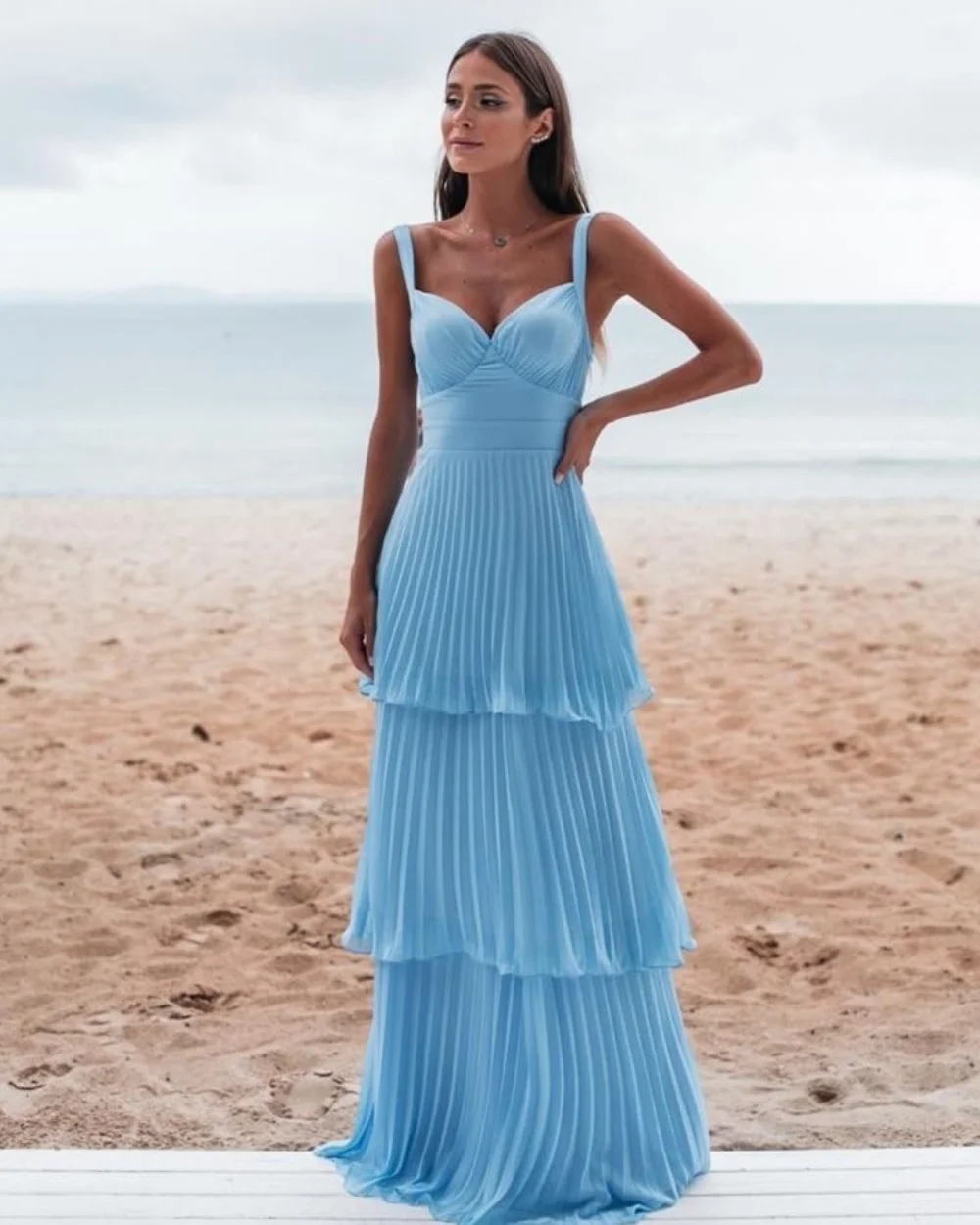 

Customized Matching Casual Pleat Draped Tiered A-line V-neck Floor-Length Evening Dresses High Quality Sizes Available