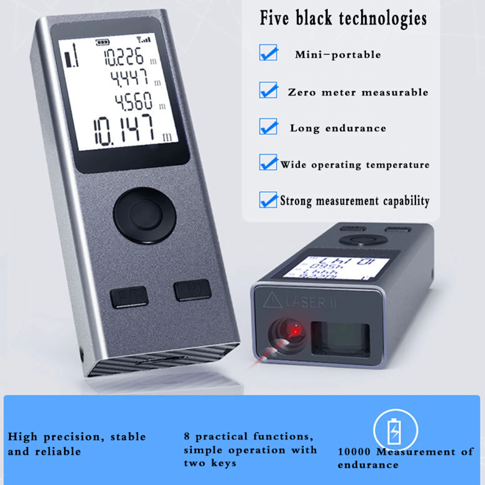 Mini Laser Rangefinder Digital Tape Measure Laser Ruler USB Charge Aluminum Alloy Fuselage Measuring Distance: 30/50/60m