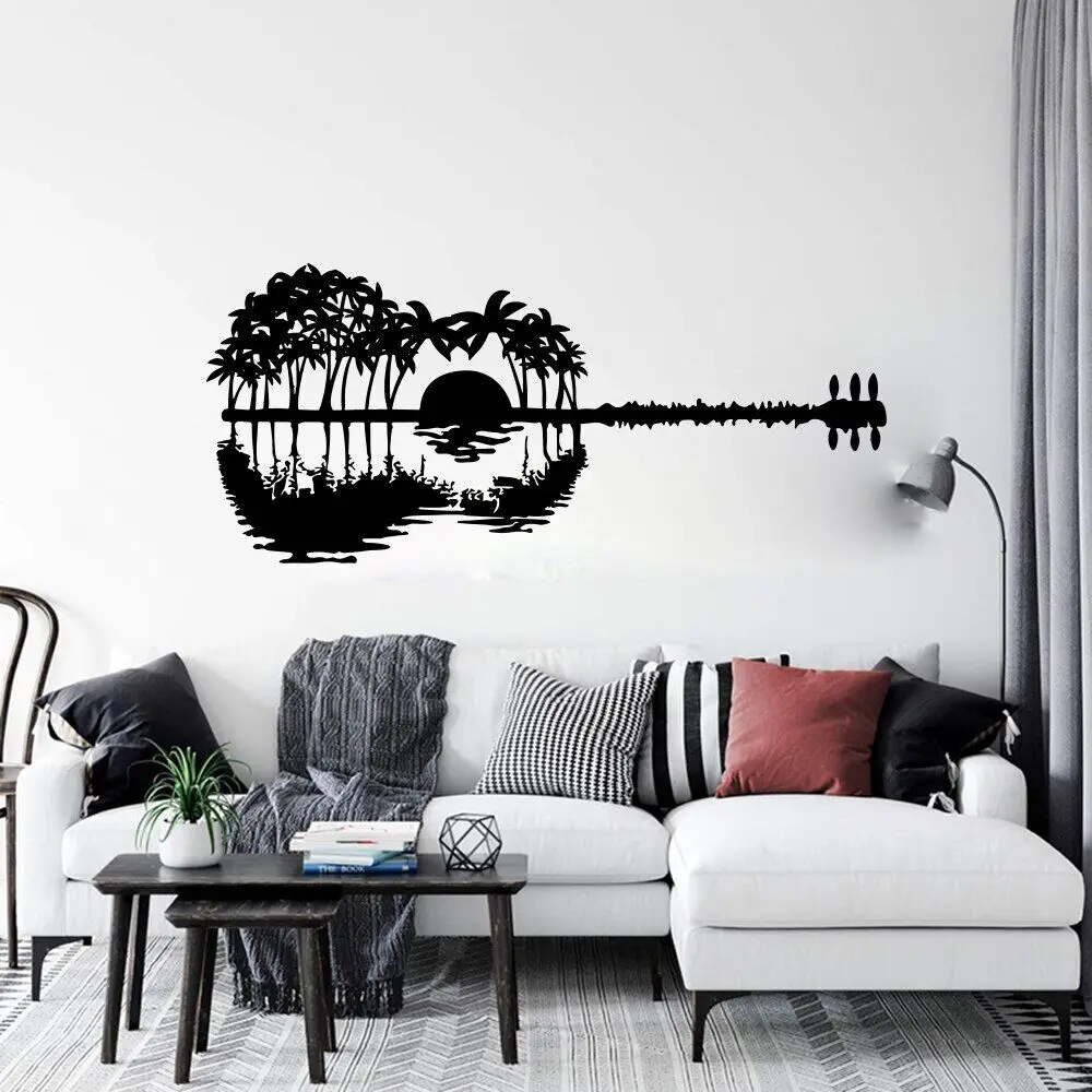 Vinyl Guitar Wall Sticker Abstract Painting Deep Forest Lake Wall Sticker Concert Art Decoration, Music Guitar Wall Decal GT10