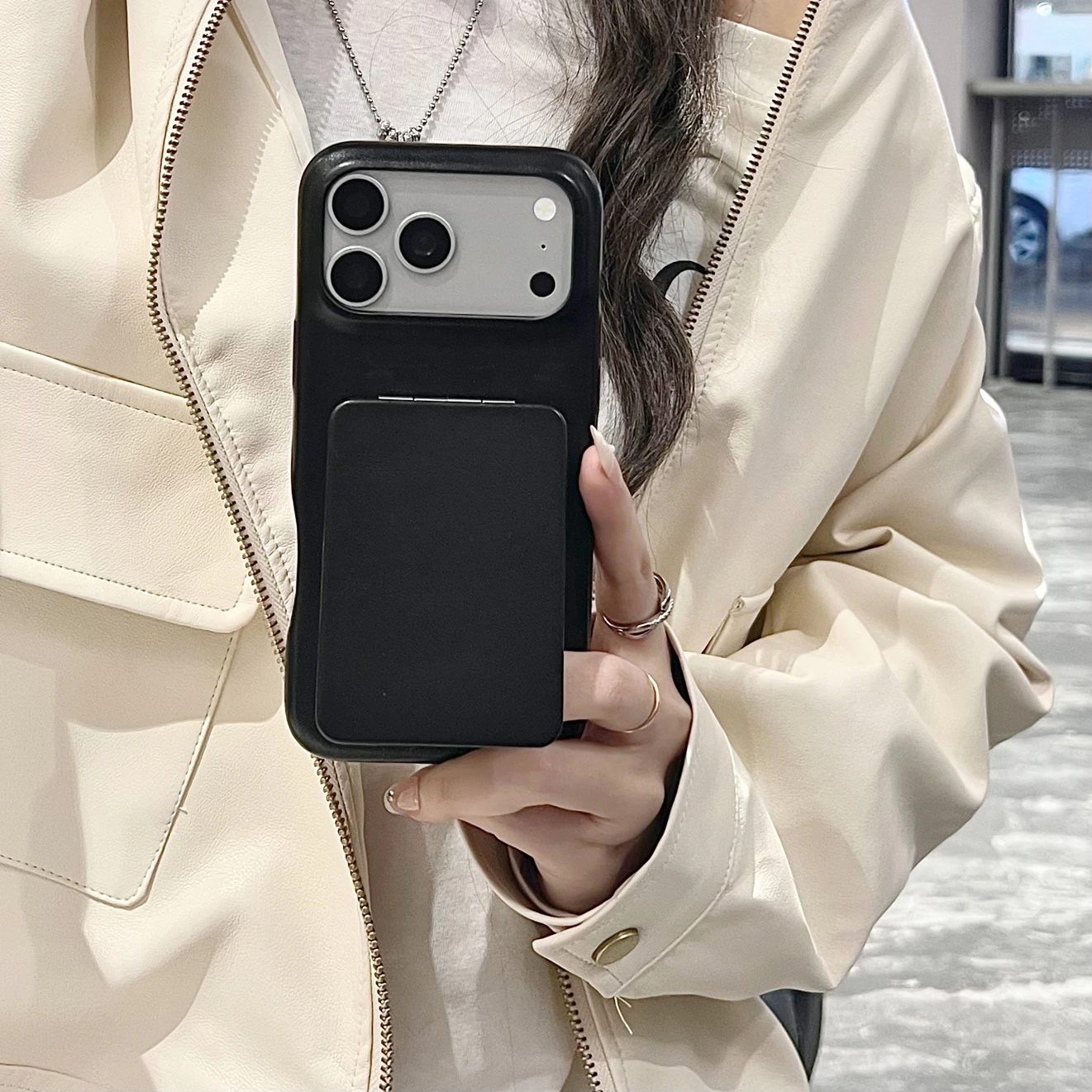 Fashion Retro Maillard Dark Color Leather Imitation Cover Case For iPhone 17 16 15 14 13 Pro Max with Flip-up Mirror Holder view 2