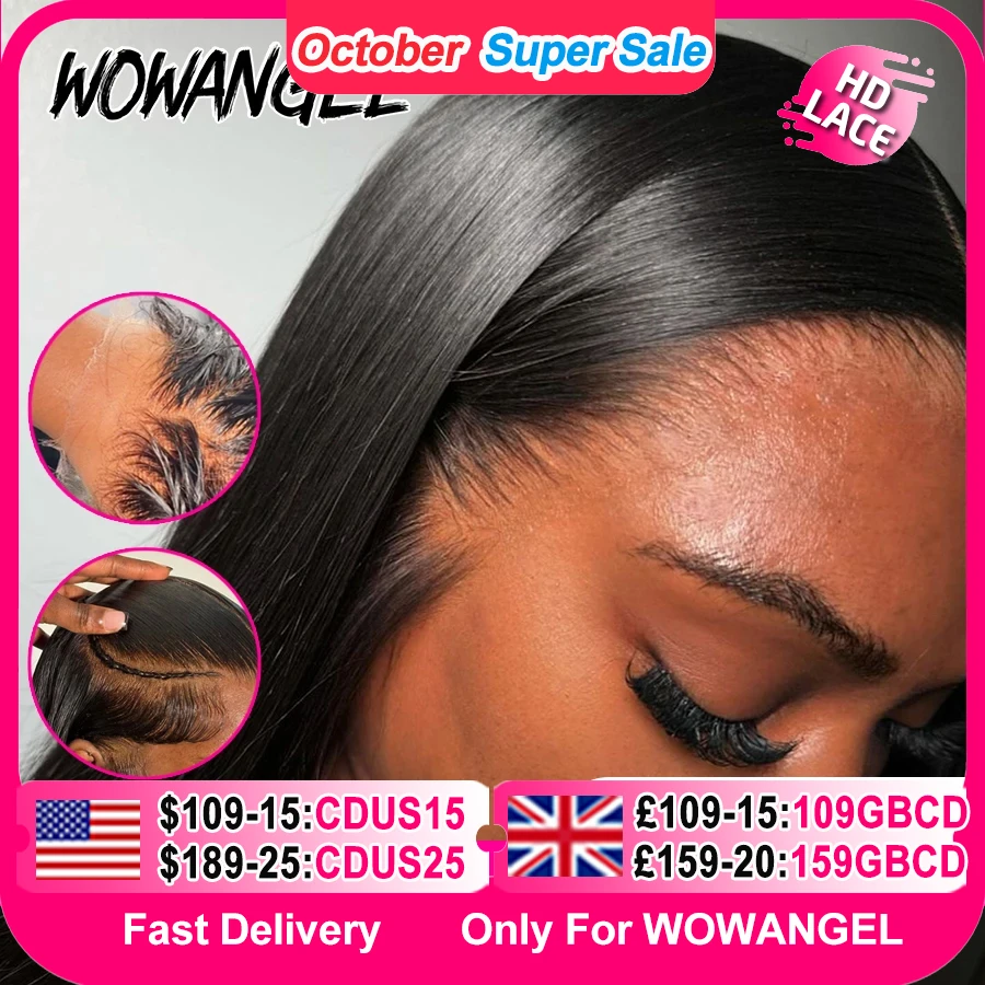 WowAngel 250% Aggiornato 13x6 HD Veletta Frontale Parrucche Glueless Dritto Parrucche Dei Capelli Umani Pre Pizzicate Cuoio Capelluto Naturale Capelli Brasiliani