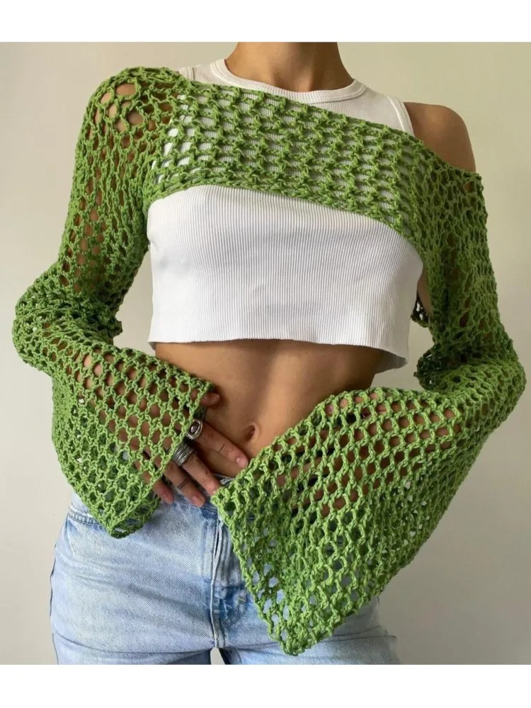 

Y2k Woman's Crochet Knit Hollow Out Top Vintage Mesh Solid Color Long Sleeves Sweatshirt Spring Autumn Ladies Fashion Crop Tops