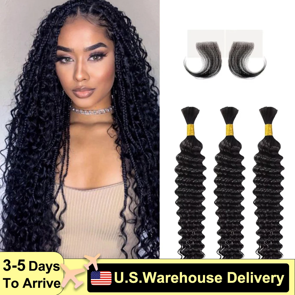 Human Hair 3 Bundles Human Braiding Hair for Boho Braids 12A Brazilian Virgin Deep Wave Bulk  Women Human Hair for Braiding