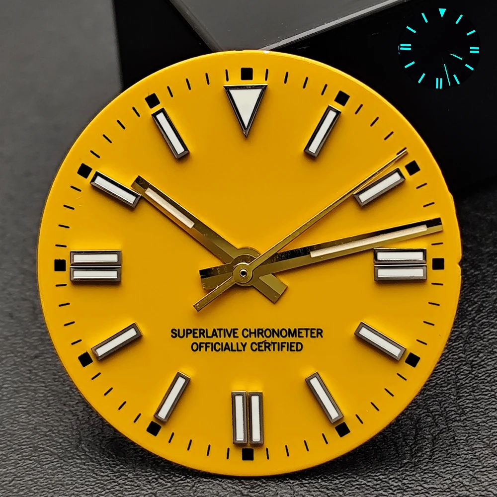 Blau-Grün Leuchtendes 28,5mm Zifferblatt ohne Datum, Zeiger mit individuellem Logo, passend für NH35 8215 2824 2836 Uhrwerke, Uhrenzubehör – Detail 6