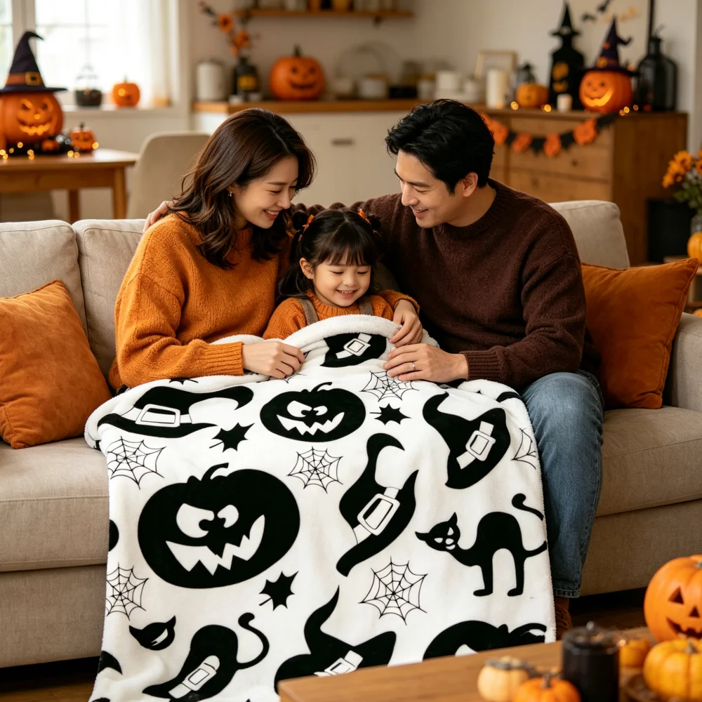 Custom Name Halloween Flannel Blanket, Personalized Throw Blanket Add Your Name, Black White Pumpkin Witch Hat Cat Spider Web Pa