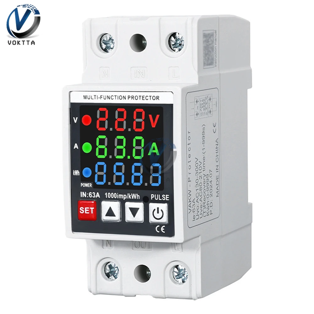 63A Din Rail 3-in-1 Display Adjustable Over Voltage Current and Under Voltage Protective Device Protector Relay Volt Power Meter