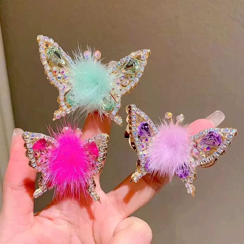 Fashion Smart Moving Butterfly Hairpin 3D Hair Clip Plush Ball Rhinestone Sparkling Headwear Hairgrip Cute Girl Hair Accessories