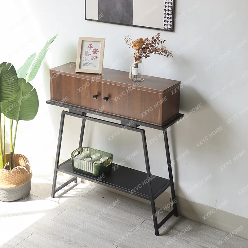 Entrance cabinet wrought iron solid wood strip case corridor aisle free installation home decoration against the wall
