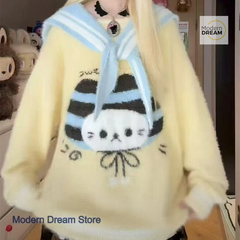 

Корейский милый возрастной милый свитер с галстуком-бабочкой, женский осенне-зимний новый свободный мягкий восковой вязаный свитер с котом, топ