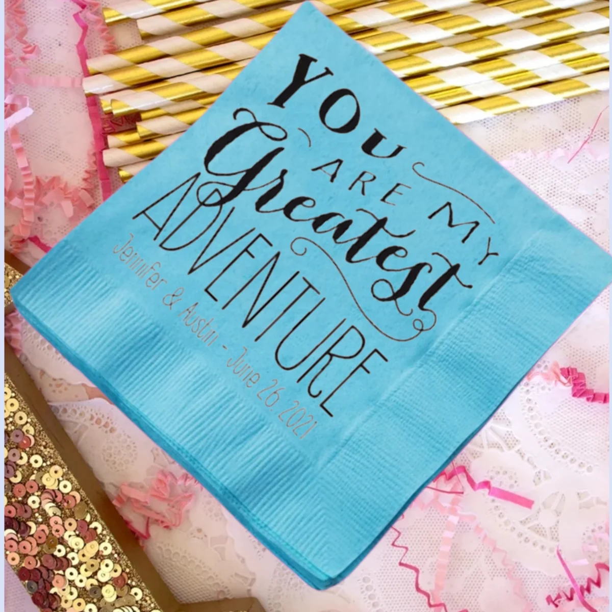 

Personalized Wedding Beverage Napkins, Cocktail Napkins, You Are My Greatest Adventure, Color Options Available,50PCS Start