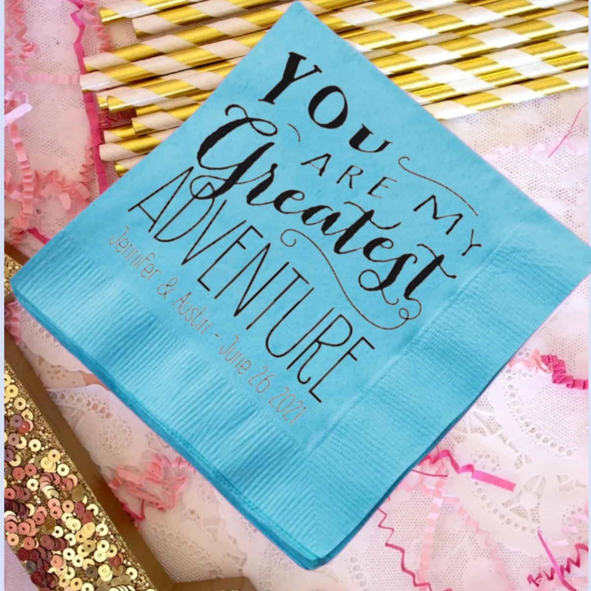 Personalized Wedding Beverage Napkins, Cocktail Napkins, You Are My Greatest Adventure, Color Options Available,50PCS Start