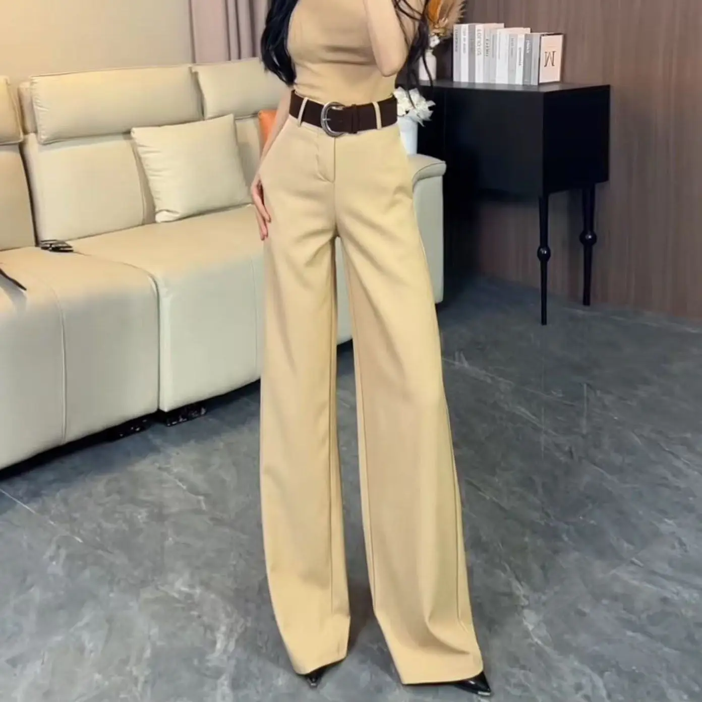 Pantalones de vestir acampanados sin pierna para mujer, pantalón caqui de otoño, color gris, de gama alta, de celebridad, nuevo diseño, a la moda, versátil