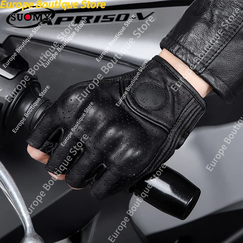 Retro Half Finger Motorcycle Gloves Genuine Leather Summer Anti Fall Breathable Riding Gear For Men Women view 3