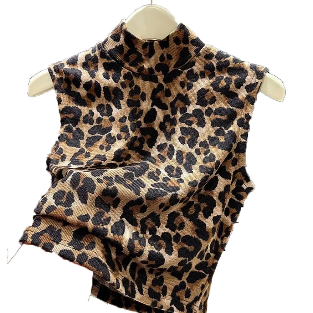 سترة نسائية بدون أكمام قميص برايمر جديد بنصف الياقة العالية صدرية فضفاضة سترات مطبوعة بنقشة الفهد بلوفر علوي للسيدات