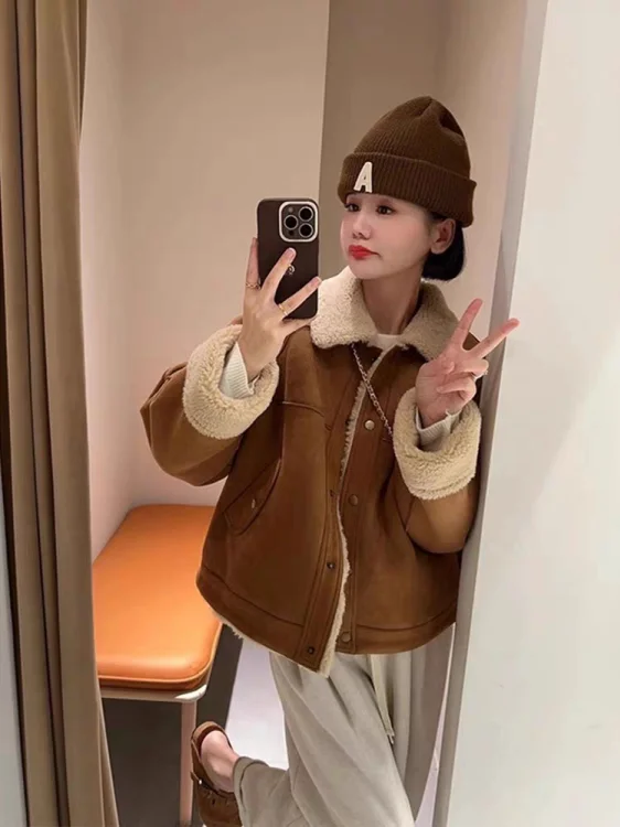 Casaco Feminino Quente de Algodão com Lã de Cordeiro Integrada, Corte Solto, Estilo Americano, Elegante, para Início da Primavera