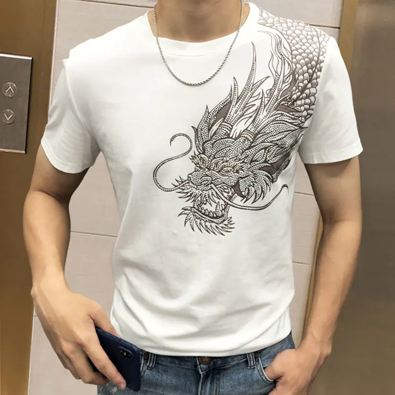 Animal Dragon Rhinestone Print Short Sleeve T-shirt Hot Diamond Top Men Fashion Brand Personality 2023 Summer Tee Shirt Homme