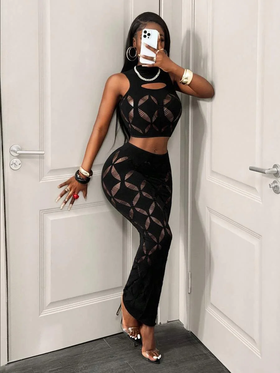 FHSEER 2 قطعة مجموعة المرأة مثير حجم كبير شبكة سوداء الجوف خارج المحاصيل تانك و عالية الخصر Bodycon تنورة صغيرة الدانتيل بسط كلوبوير